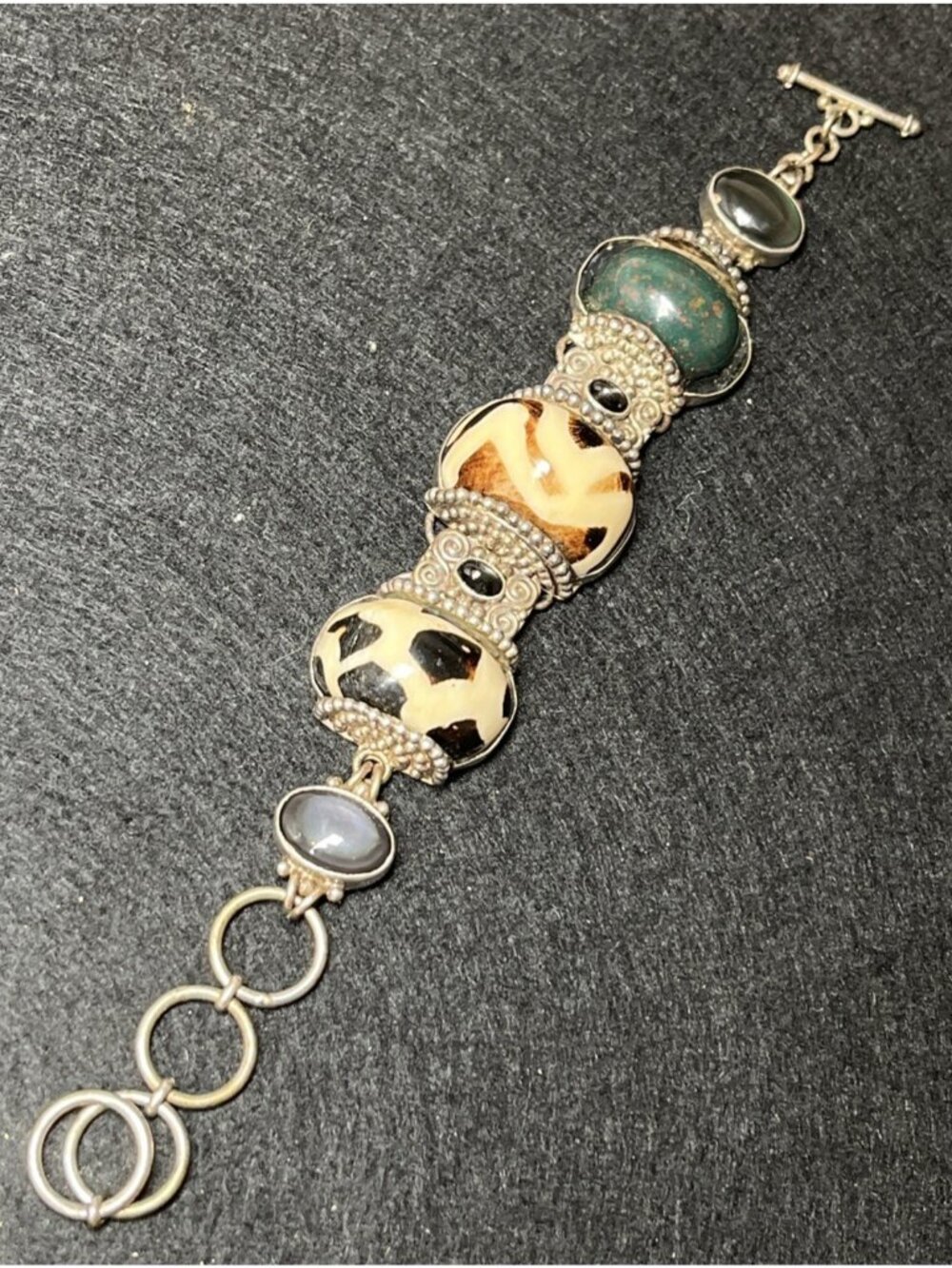 Vintage Sajen 925 Sterling Silver Multi Gemstone Dzi Bloodstone Bracelet 7"